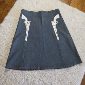 Fancy Pony Land Lorna Leedy Handmade Skirt Women's Small Blue Denim Leather Guns